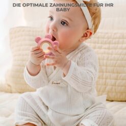 Jucarie de dentitie din silicon si lemn, Roz, 6 luni+ 01