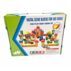 Set 100 cuburi din lemn multicolore pentru construit, Ferma, 3 ani