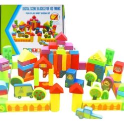 Set 100 cuburi din lemn multicolore pentru construit, Ferma, 3 ani