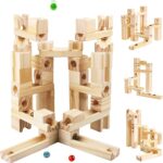 Set de constructie din lemn circuit cu bile - Marble Track, Onshine Marble, 60 piese