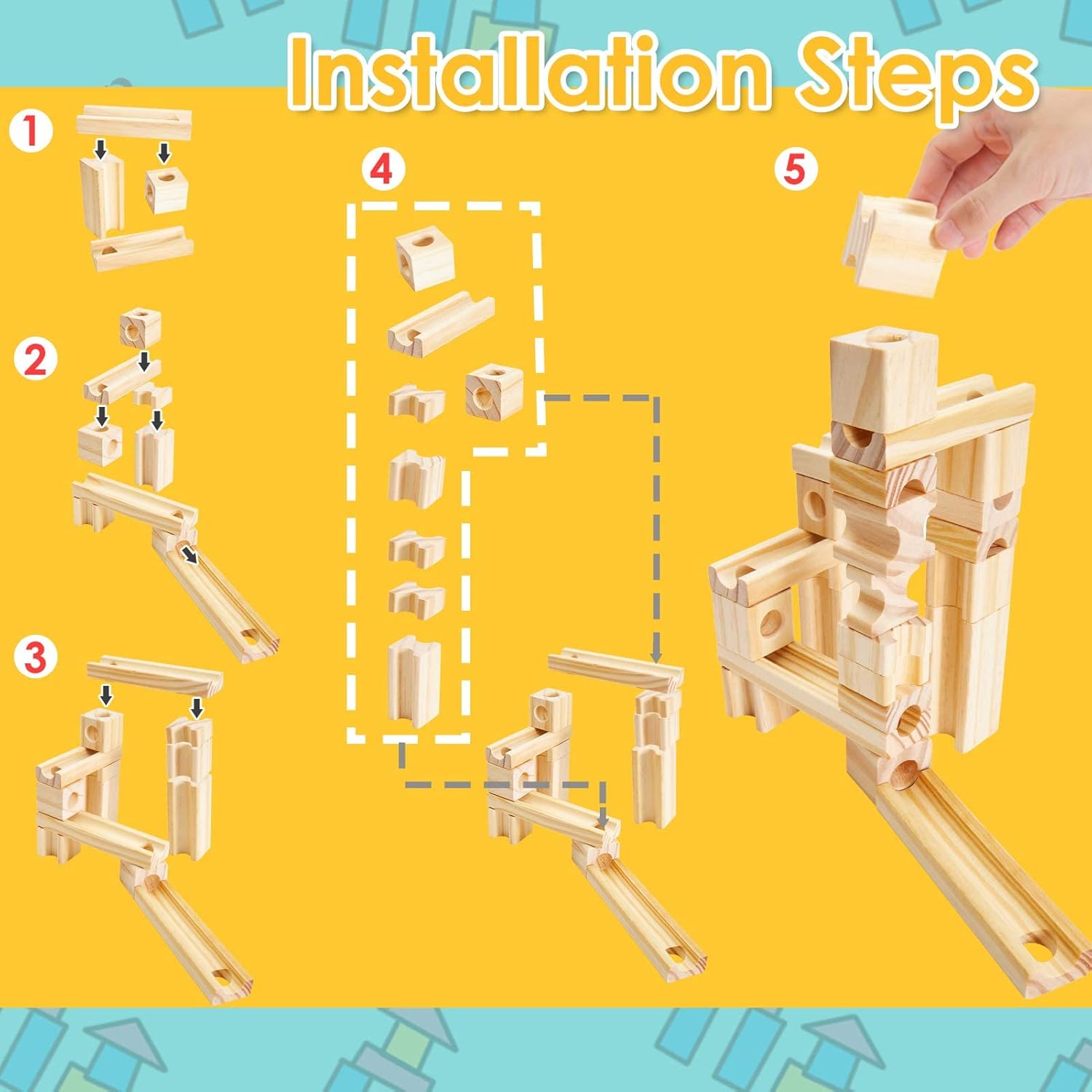 Set de constructie din lemn circuit cu bile - Marble Track, Onshine Marble, 60 piese 01