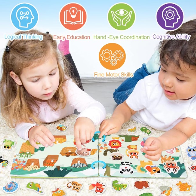 Carte cu stickere reutilizabile, Busy Book, Animale, 3ani+