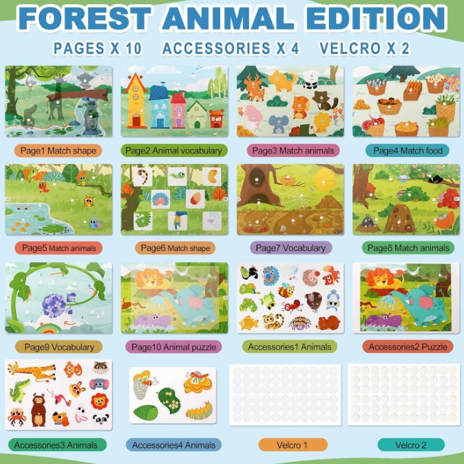 Carte cu stickere reutilizabile, Busy Book, Animale, 3ani+