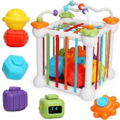 Cub sortator de forme geometrice cu benzi elastice si jucarii zornaitoare, 12 luni 01