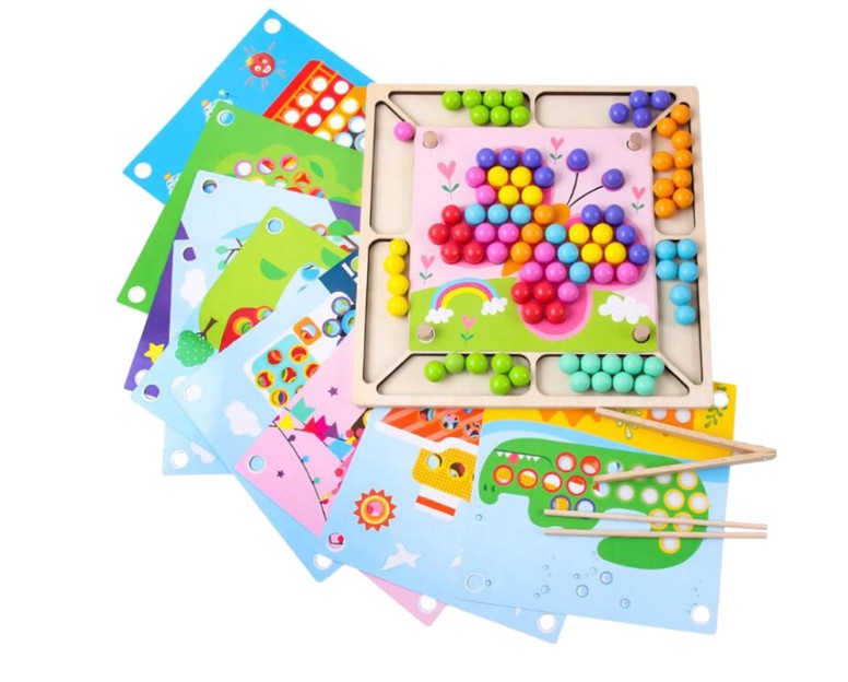 Joc de indemanare si asociere cu bile colorate tip Montessori, 3 ani+