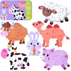 Set 6 puzzle-uri cu animale de la ferma, in cutie metalica, 25 piese mari