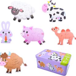 Set 6 puzzle-uri cu animale de la ferma, in cutie metalica, 25 piese mari