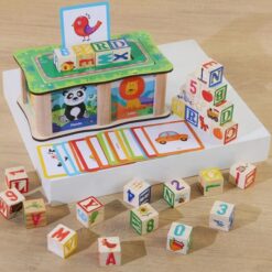 Set cuburi din lemn de tip Montessori- Cuvinte, alfabet si imagini, 3 ani+