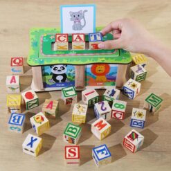 Set cuburi din lemn de tip Montessori- Cuvinte, alfabet si imagini, 3 ani+