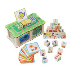 Set cuburi din lemn de tip Montessori- Cuvinte, alfabet si imagini, 3 ani+