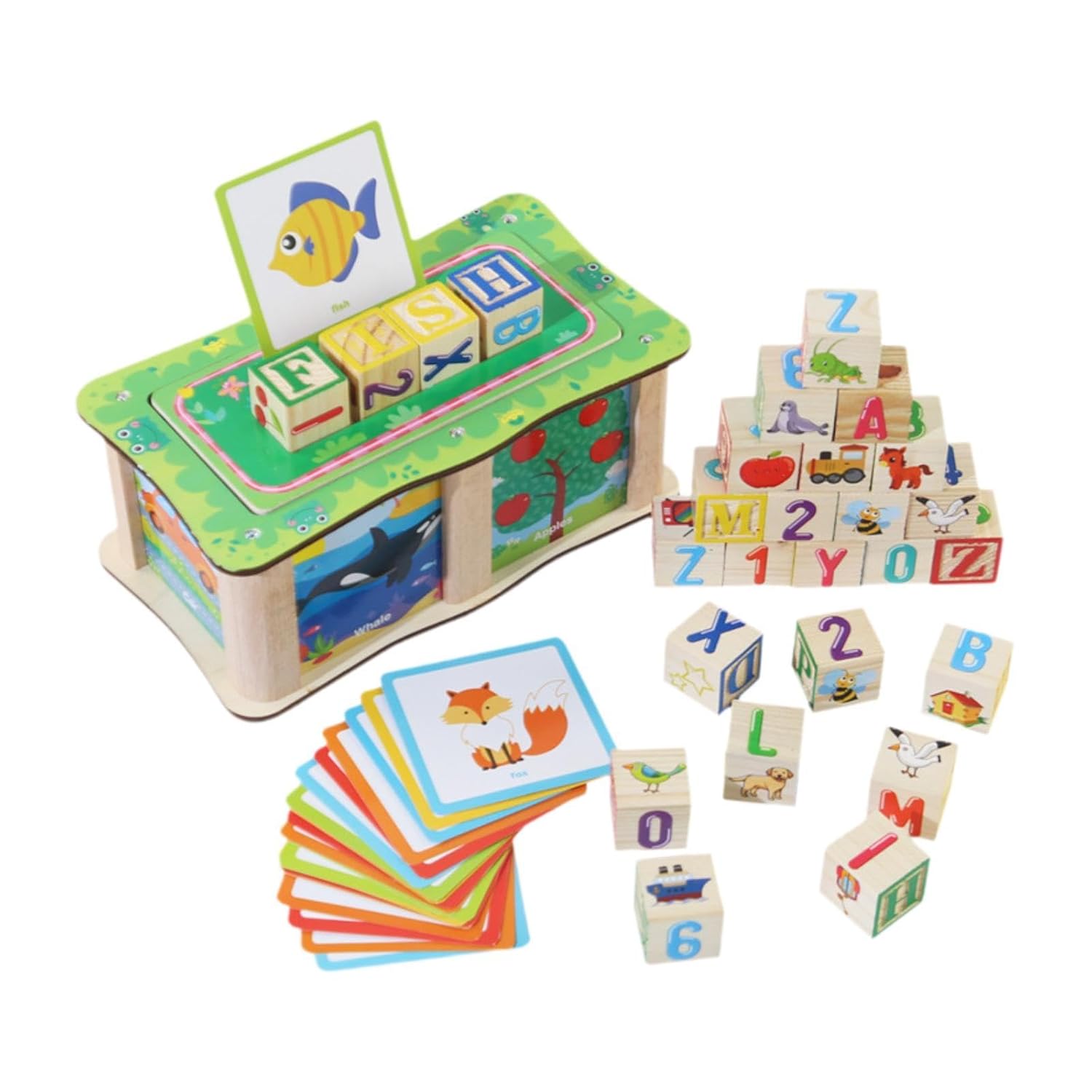 Set cuburi din lemn de tip Montessori- Cuvinte, alfabet si imagini, 3 ani+