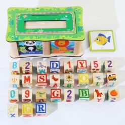 Set cuburi din lemn de tip Montessori- Cuvinte, alfabet si imagini, 3 ani+
