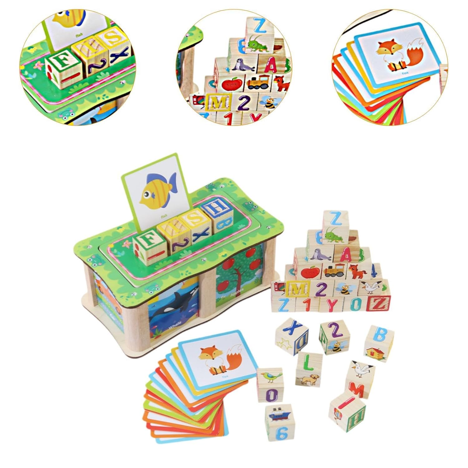 Set cuburi din lemn de tip Montessori- Cuvinte, alfabet si imagini, 3 ani+