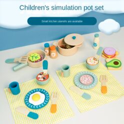 Set de accesorii bucatarie, ustensile si alimente din lemn, 3 ani+