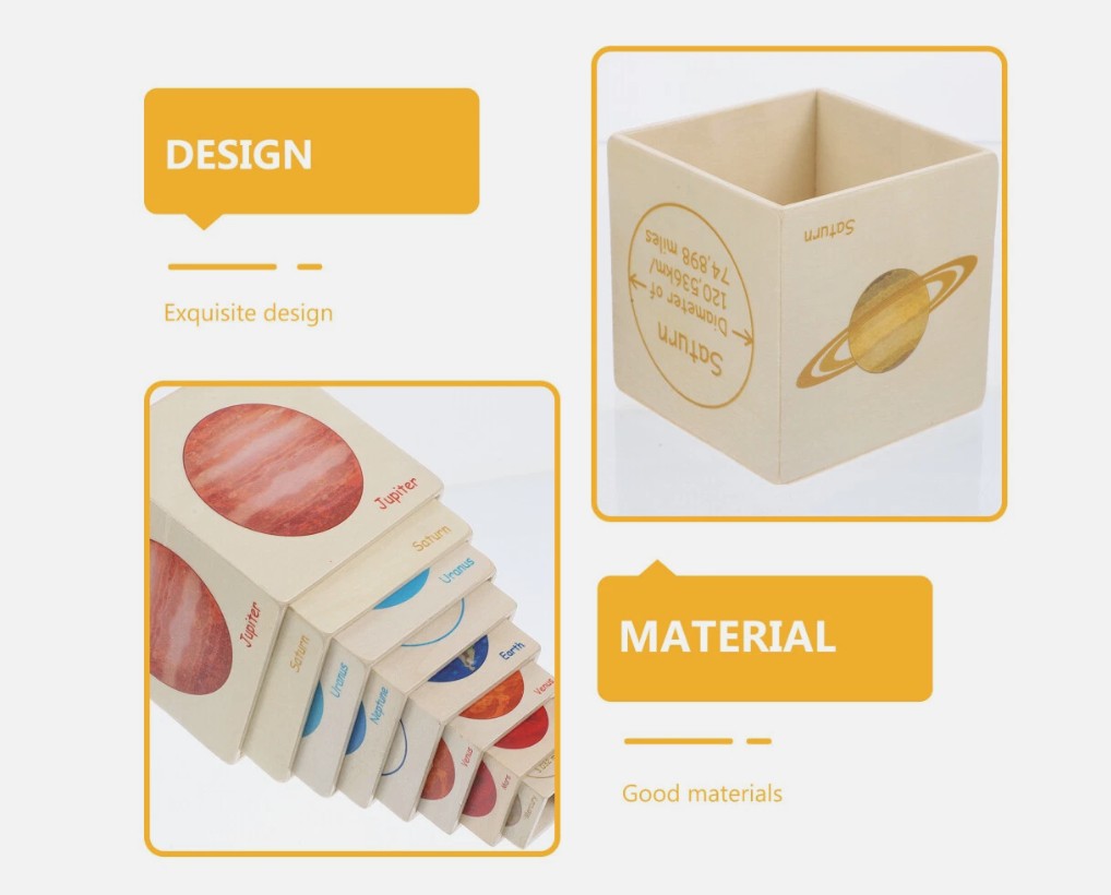 Turn de stivuire din lemn cu 8 cuburi, Planete, 3 ani+