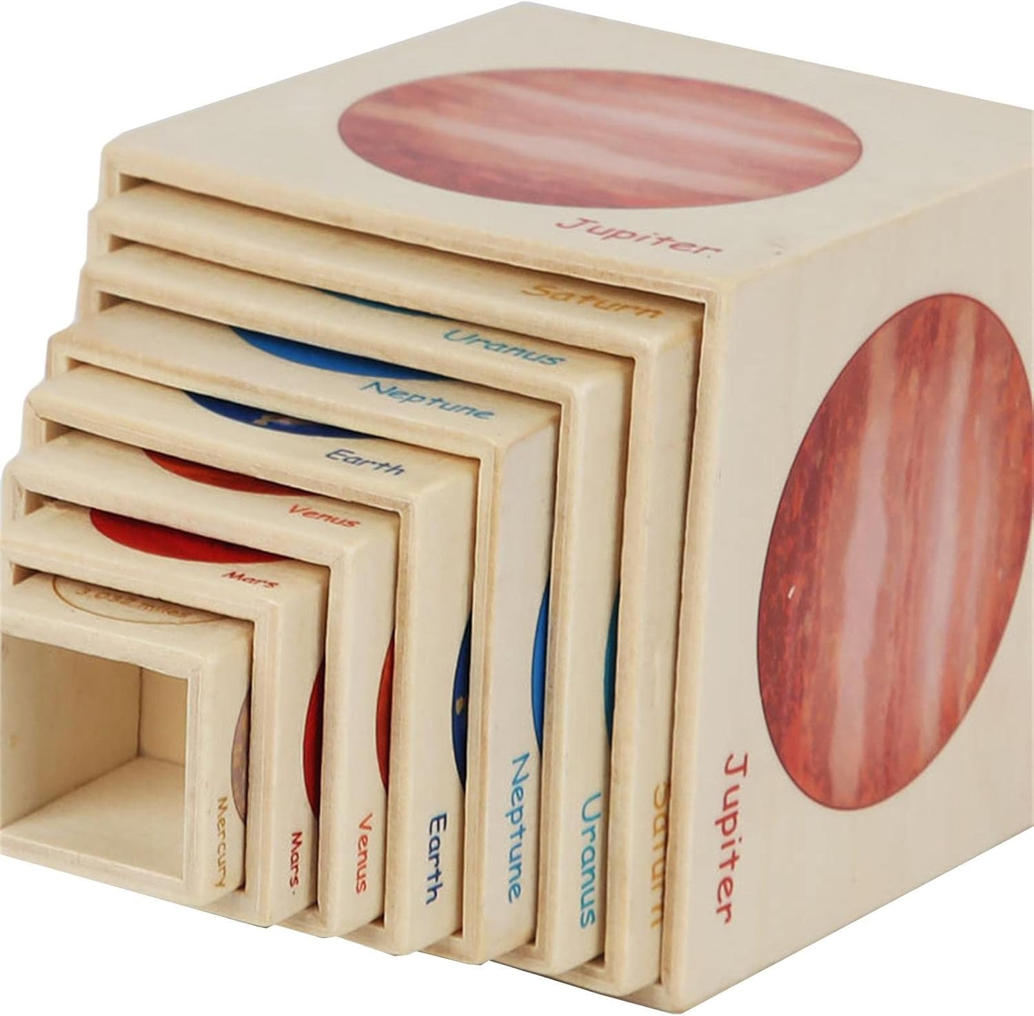 Turn de stivuire din lemn cu 8 cuburi, Planete, 3 ani+
