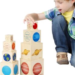 Turn de stivuire din lemn cu 8 cuburi, Planete, 3 ani+