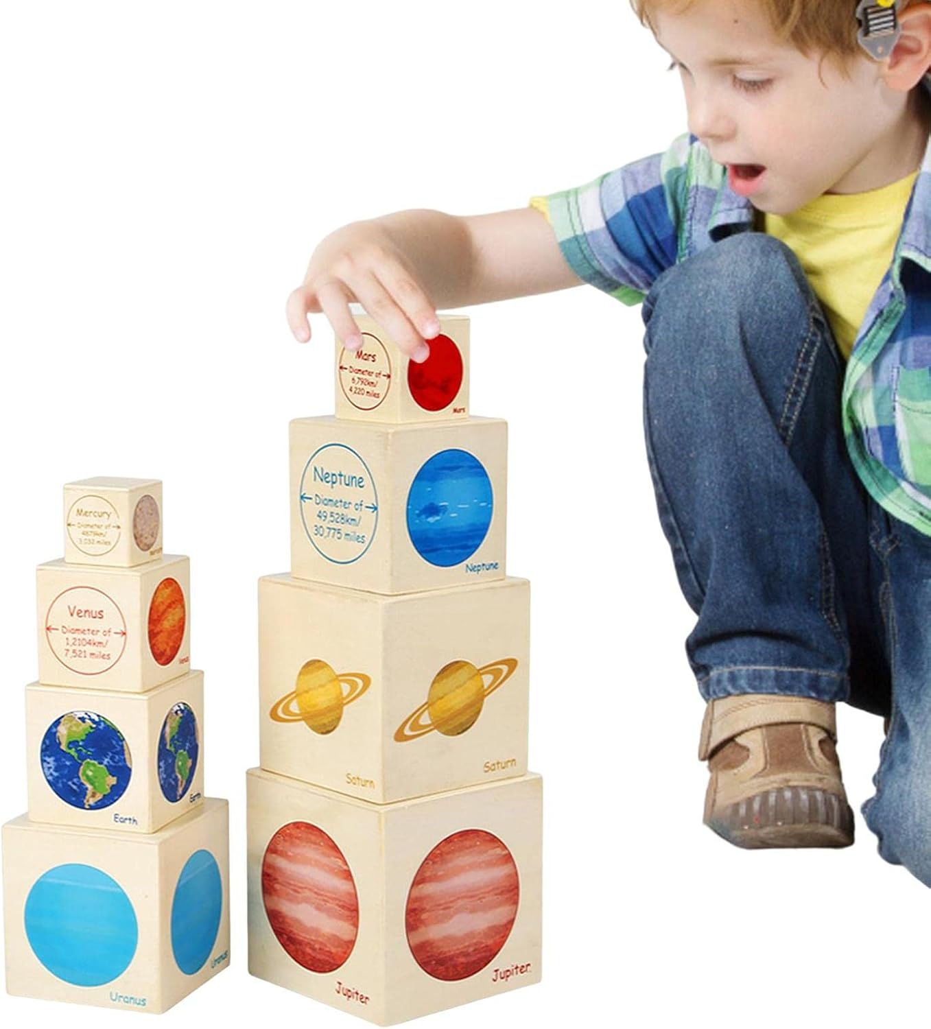 Turn de stivuire din lemn cu 8 cuburi, Planete, 3 ani+