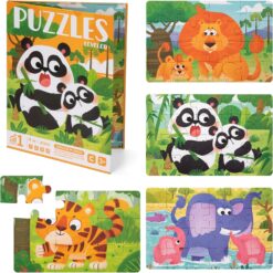 Set 4 Puzzle-uri magnetice din lemn, Animale salbatice, 3 ani+