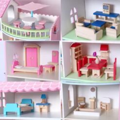 Casa de papusi din lemn, 46 cm, utilata si mobilata, 3 ANI