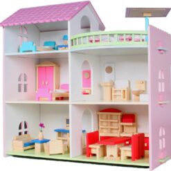 Casa de papusi din lemn, 46 cm, utilata si mobilata, 3 ANI