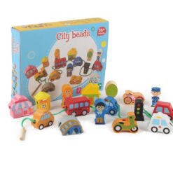 Joc de tip Montessori, set 16 margele din lemn, 3 ani, Orasel