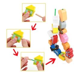 Joc de tip Montessori, set 16 margele din lemn, 3 ani, Orasel