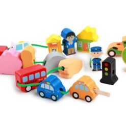 Joc de tip Montessori, set 16 margele din lemn, 3 ani, Orasel