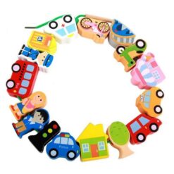 Joc de tip Montessori, set 16 margele din lemn, 3 ani, Orasel