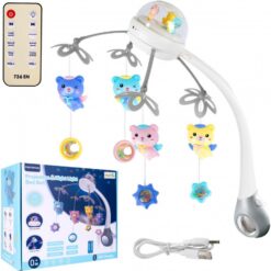 Jucarie bebe pentru patut, 0 luni+, Carusel muzical cu telecomanda, Albastru