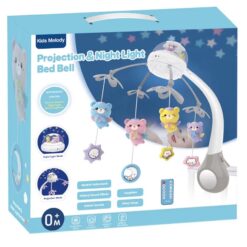 Jucarie bebe pentru patut, 0 luni+, Carusel muzical cu telecomanda, Gri 01