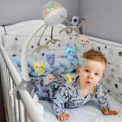 Jucarie bebe pentru patut, 0 luni+, Carusel muzical cu telecomanda, Gri 01