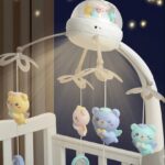 Jucarie bebe pentru patut, 0 luni+, Carusel muzical cu telecomanda, Gri