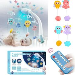 Jucarie bebe pentru patut, 0 luni+, Carusel muzical cu telecomanda, Gri 01