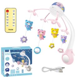 Jucarie bebe pentru patut, 0 luni+, Carusel muzical cu telecomanda, Gri 01