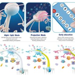Jucarie bebe pentru patut, 0 luni+, Carusel muzical cu telecomanda, Gri 01