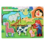 Puzzle educativ cu 2 si 3 din lemn cu tablita de desenat, piese groase, 2 ani+