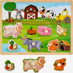 Puzzle incastru din lemn cu butoni si imagine de asociere –Animale de la ferma
