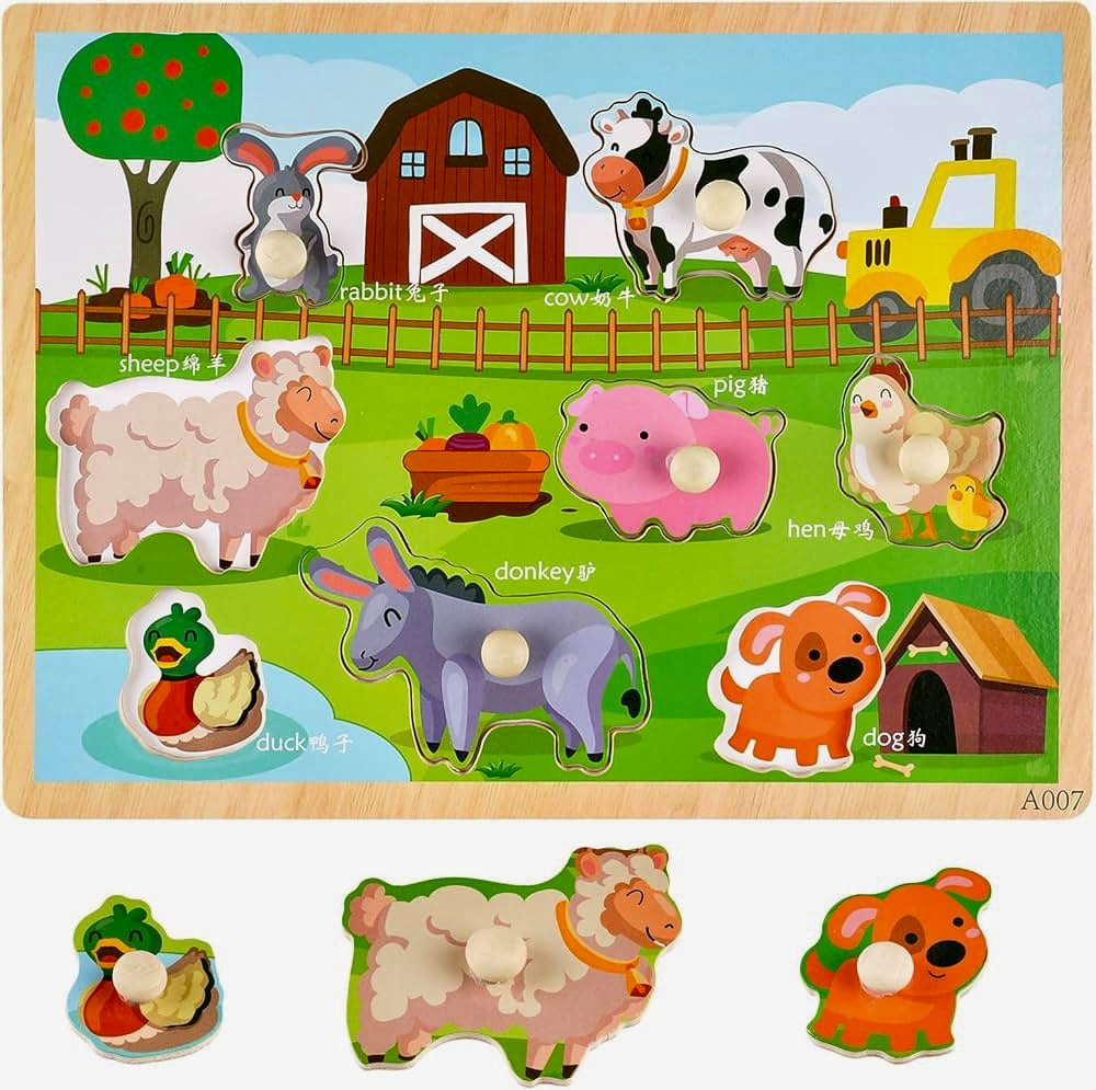Puzzle incastru din lemn cu butoni si imagine de asociere –Animale de la ferma