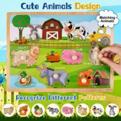 Puzzle incastru din lemn cu butoni si imagine de asociere –Animale de la ferma