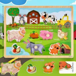 Puzzle incastru din lemn cu butoni si imagine de asociere –Animale de la ferma