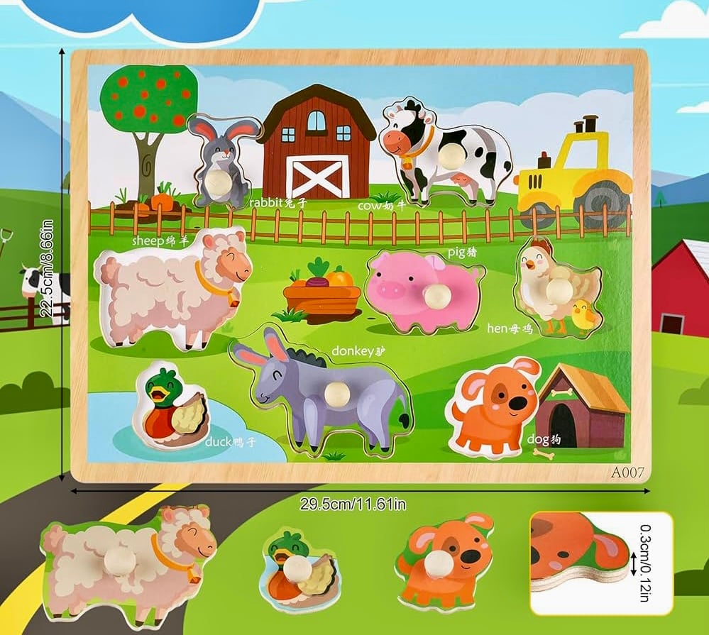 Puzzle incastru din lemn cu butoni si imagine de asociere –Animale de la ferma