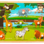 Puzzle incastru din lemn cu butoni si imagine de asociere –Animale din jungla