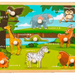 Puzzle incastru din lemn cu butoni si imagine de asociere –Animale din jungla