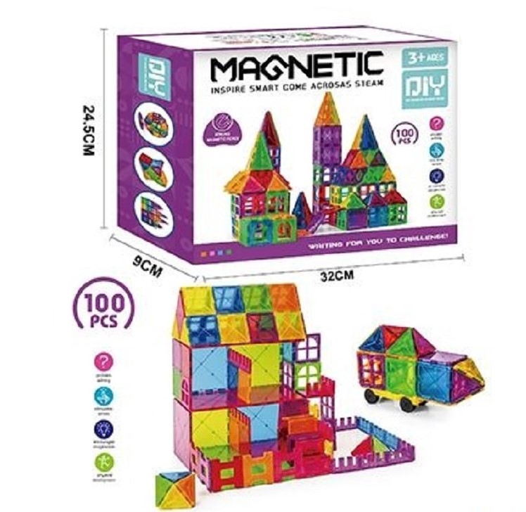 Set de constructie 3D, magnetic, 100 piese, 3 ani+