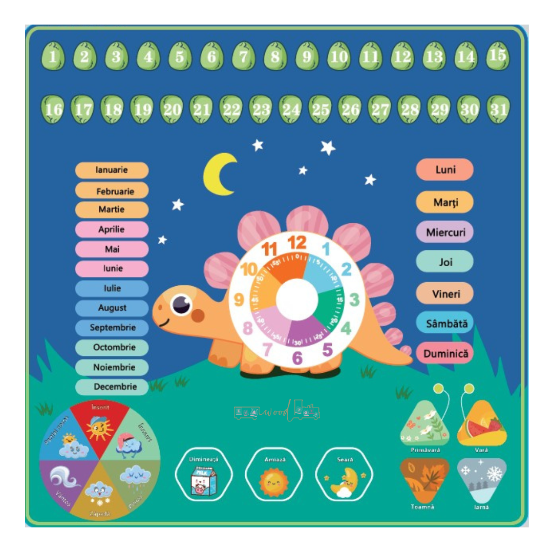 Joc Ceas Calendar, tablita de scris, din Lemn - Limba Romana, 3 ani 02