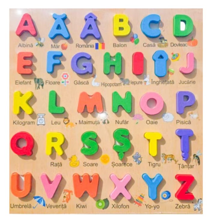 Joc educativ, puzzle incastru de asociere in limba romana, Alfabet romanesc