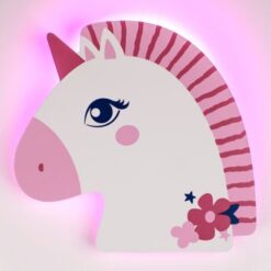 Lampa de veghe din lemn, pentru perete cu led, Unicorn Roz