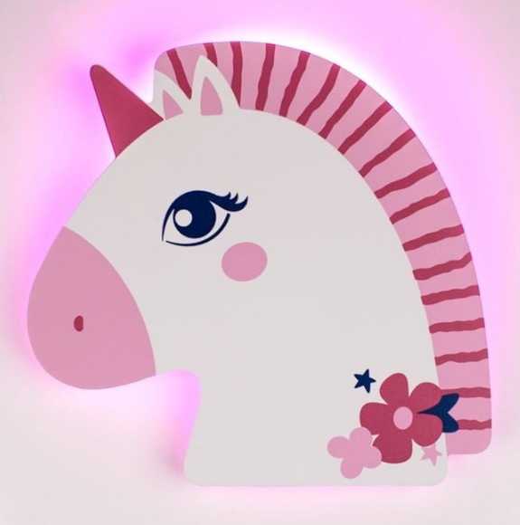 Lampa de veghe din lemn, pentru perete cu led, Unicorn Roz