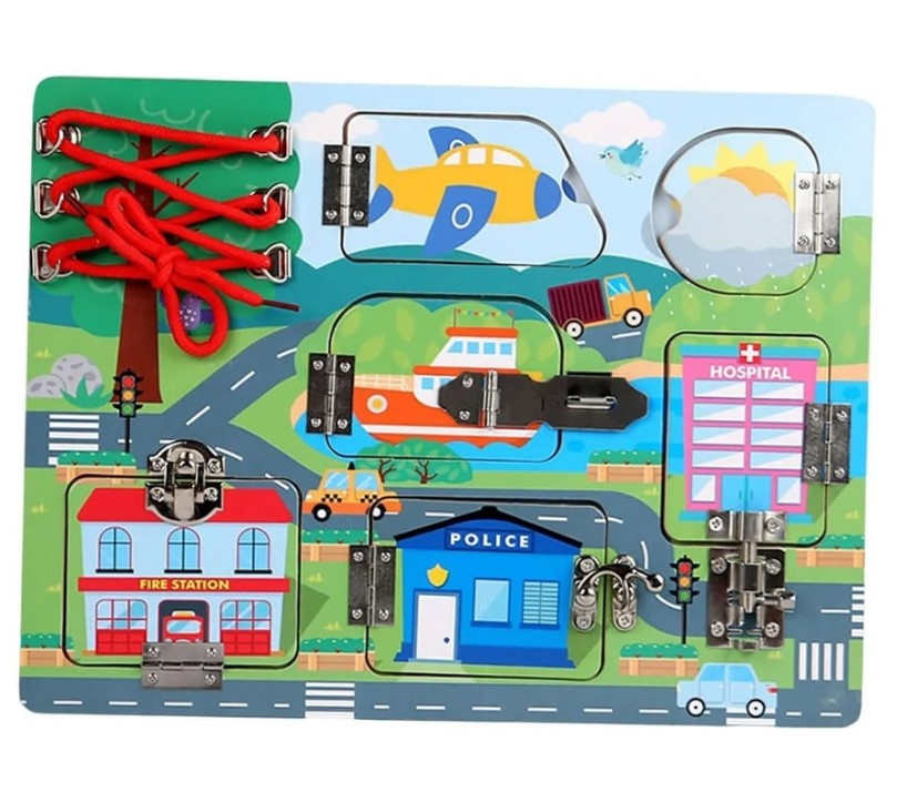 Placa cu activitati Montessori - Incuie Descuie, 3 ani, Vehicule